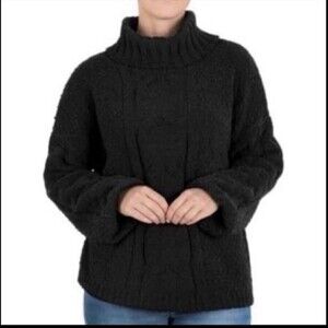 Seven7 Cable Knit Cowl Neck Chenille Chunky Black Balloon Sleeve Sweater Large